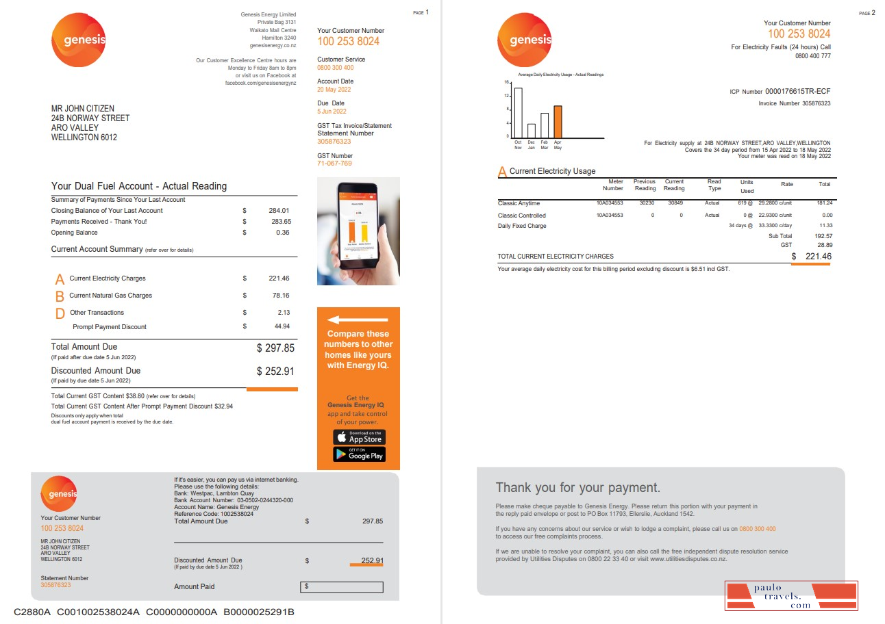 New Zealand Genesis Gas utility bill template in Word and PDF format, 3 pages 1